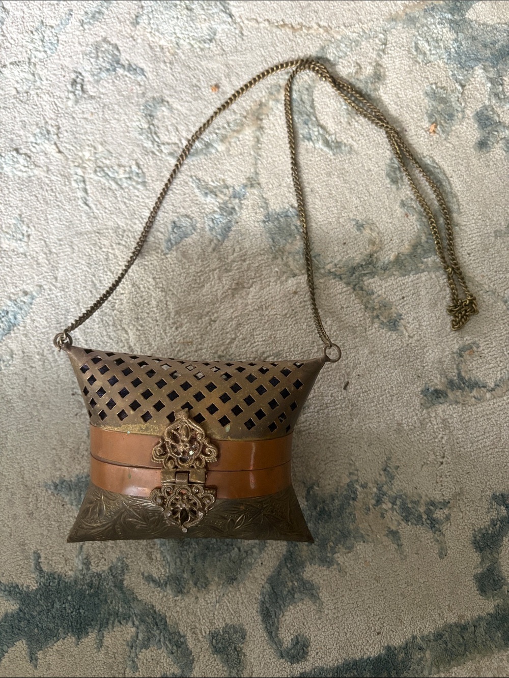 Vintage Brass and Copper Pillow Purse with long chain strap